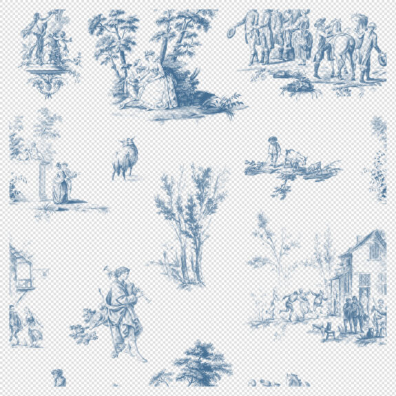 Vintage Toile De Jouy Seamless Pattern – Blue Variant (Transparent PNG) with Pastoral Scenes"