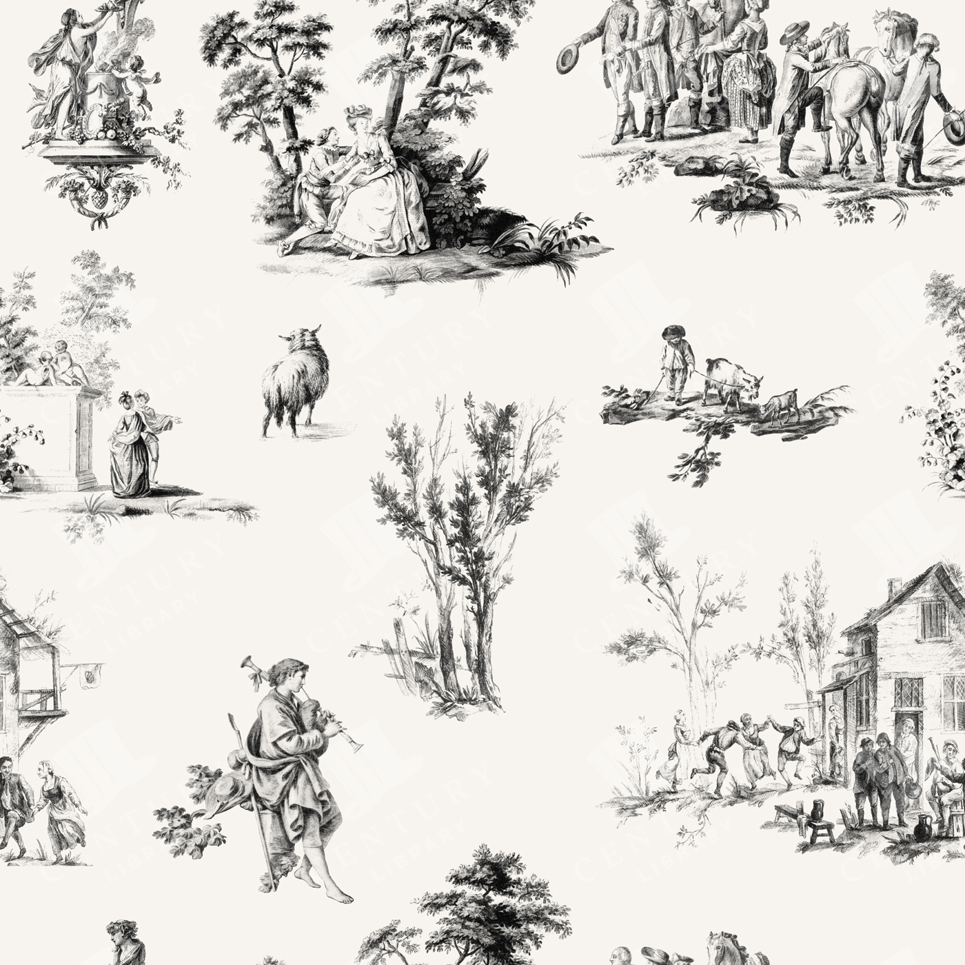 Toile De Jouy Seamless Pattern – Black and White Vintage Countryside Design