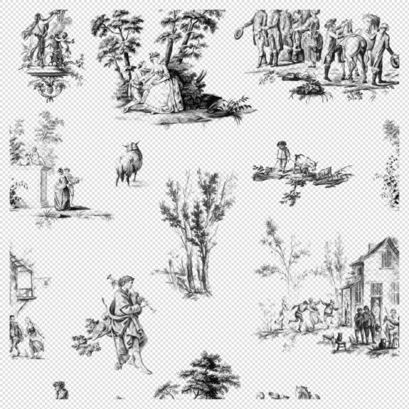 Toile De Jouy Seamless Pattern – Black and White Variant (Transparent PNG)