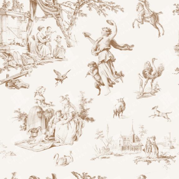 Toile De Jouy Seamless Pattern – Sepia Variant with Vintage Countryside Scenes