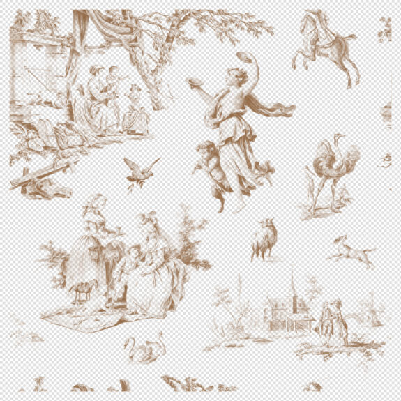 Toile De Jouy Seamless Pattern – Sepia Variant (Transparent PNG) with Vintage Scenes