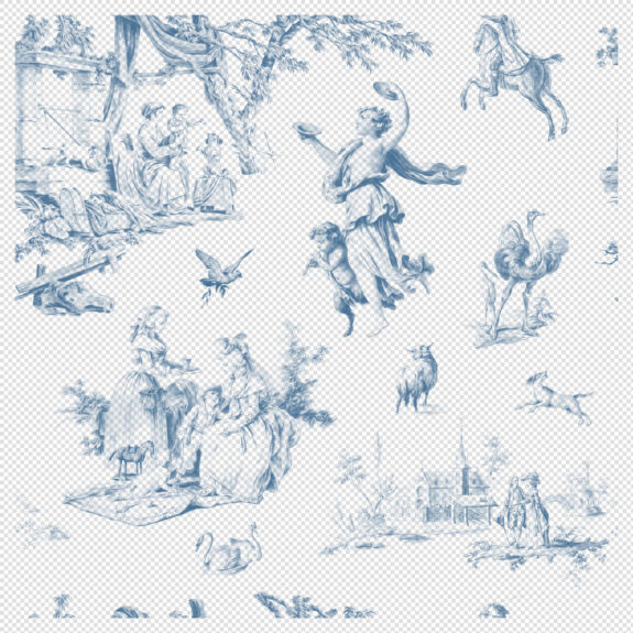 Toile De Jouy Seamless Pattern – Blue Variant (Transparent PNG) with Vintage Countryside Scenes