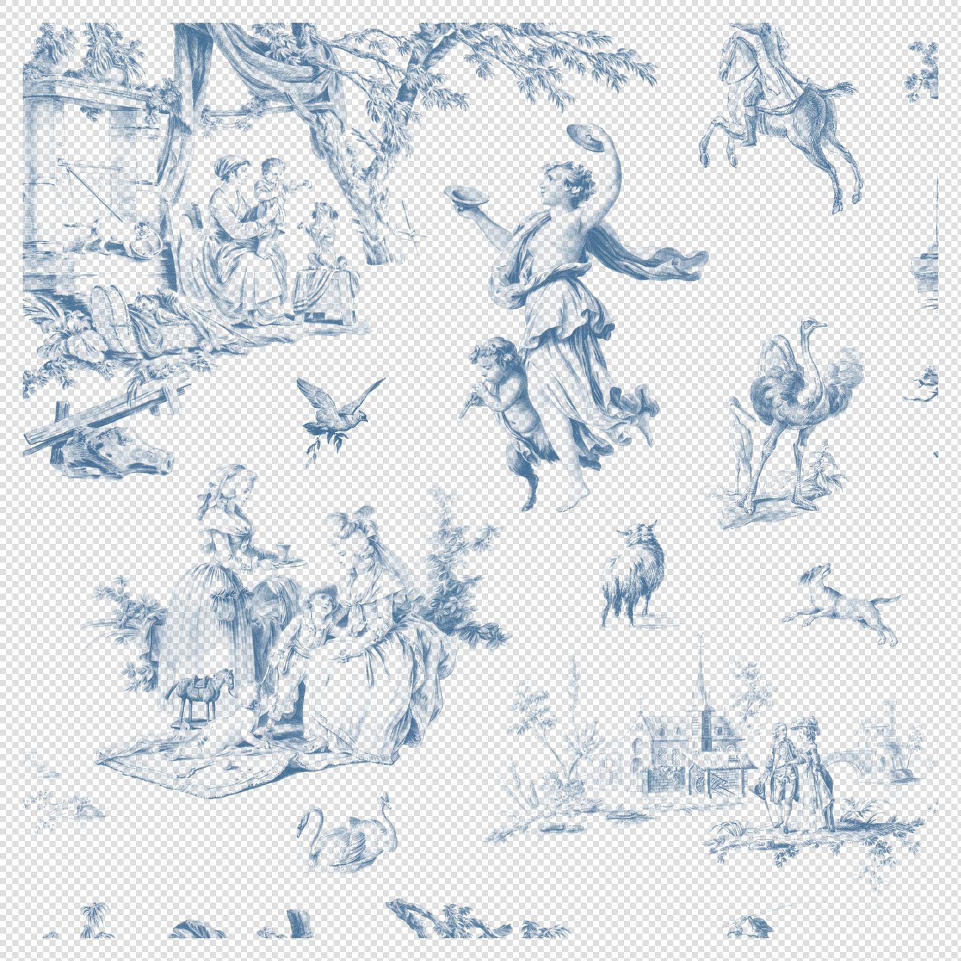 Toile De Jouy Seamless Pattern – Blue Variant (Transparent PNG) with Vintage Countryside Scenes