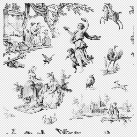 Toile De Jouy Seamless Pattern – Black and White Vintage Design (Transparent PNG)