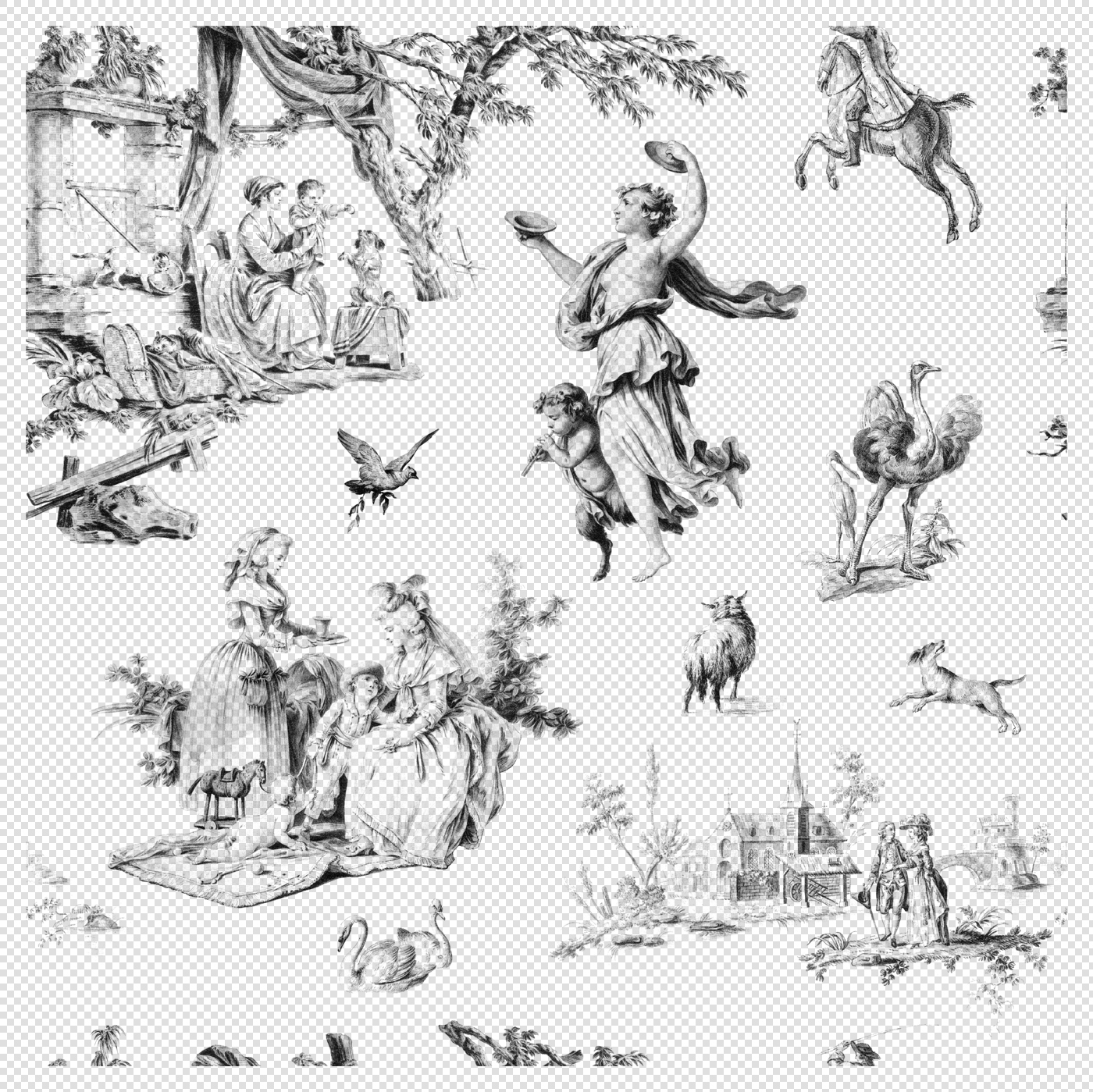 Toile De Jouy Seamless Pattern – Black and White Vintage Design (Transparent PNG)