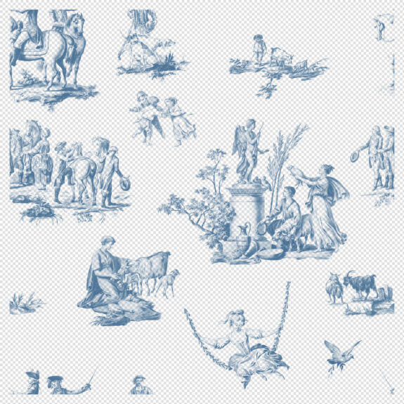 Toile De Jouy Seamless Pattern – Blue Variant French Pastoral Design (Transparent PNG)