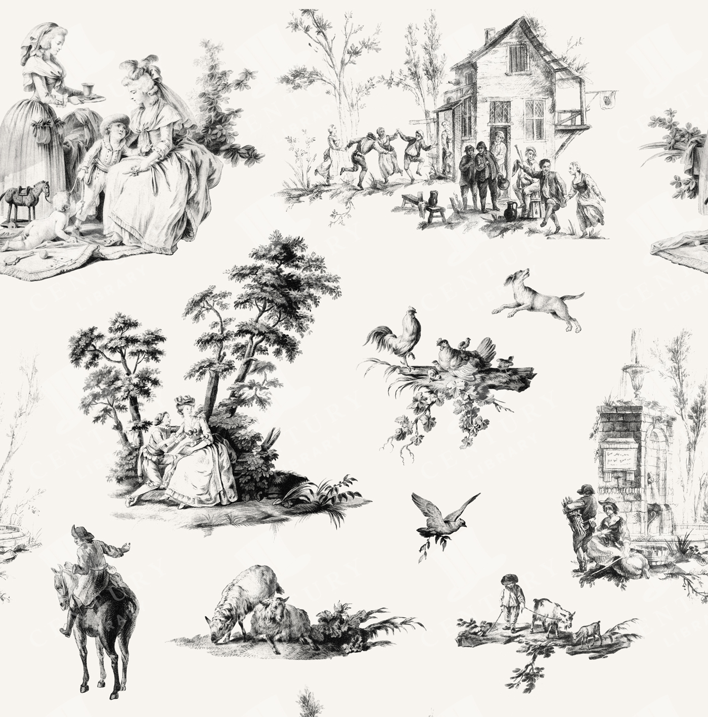 Toile De Jouy Seamless Pattern – Black and White Vintage Countryside Design Wallpaper