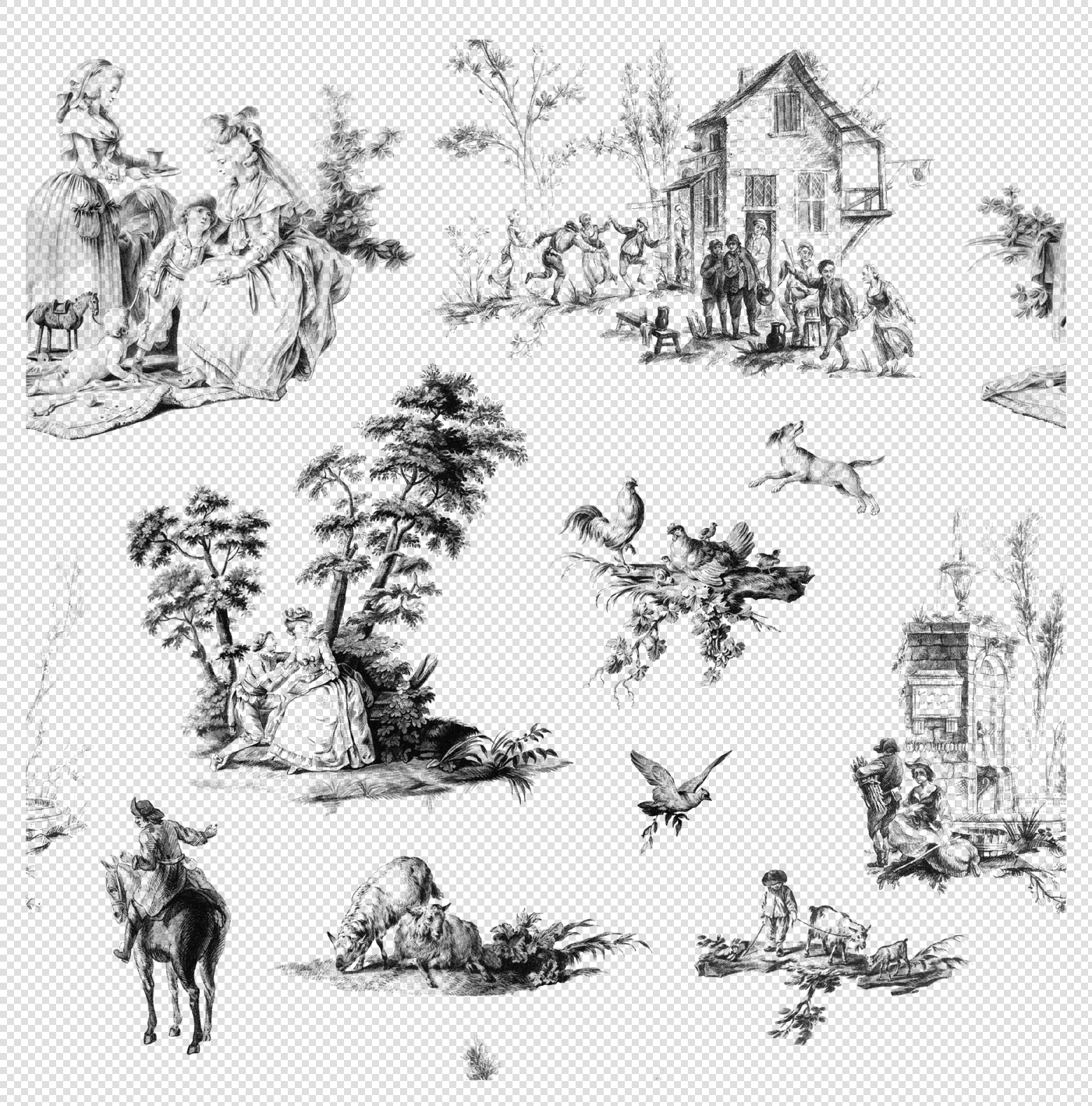 Toile De Jouy Seamless Pattern – Black and White Vintage Countryside (Transparent PNG)
