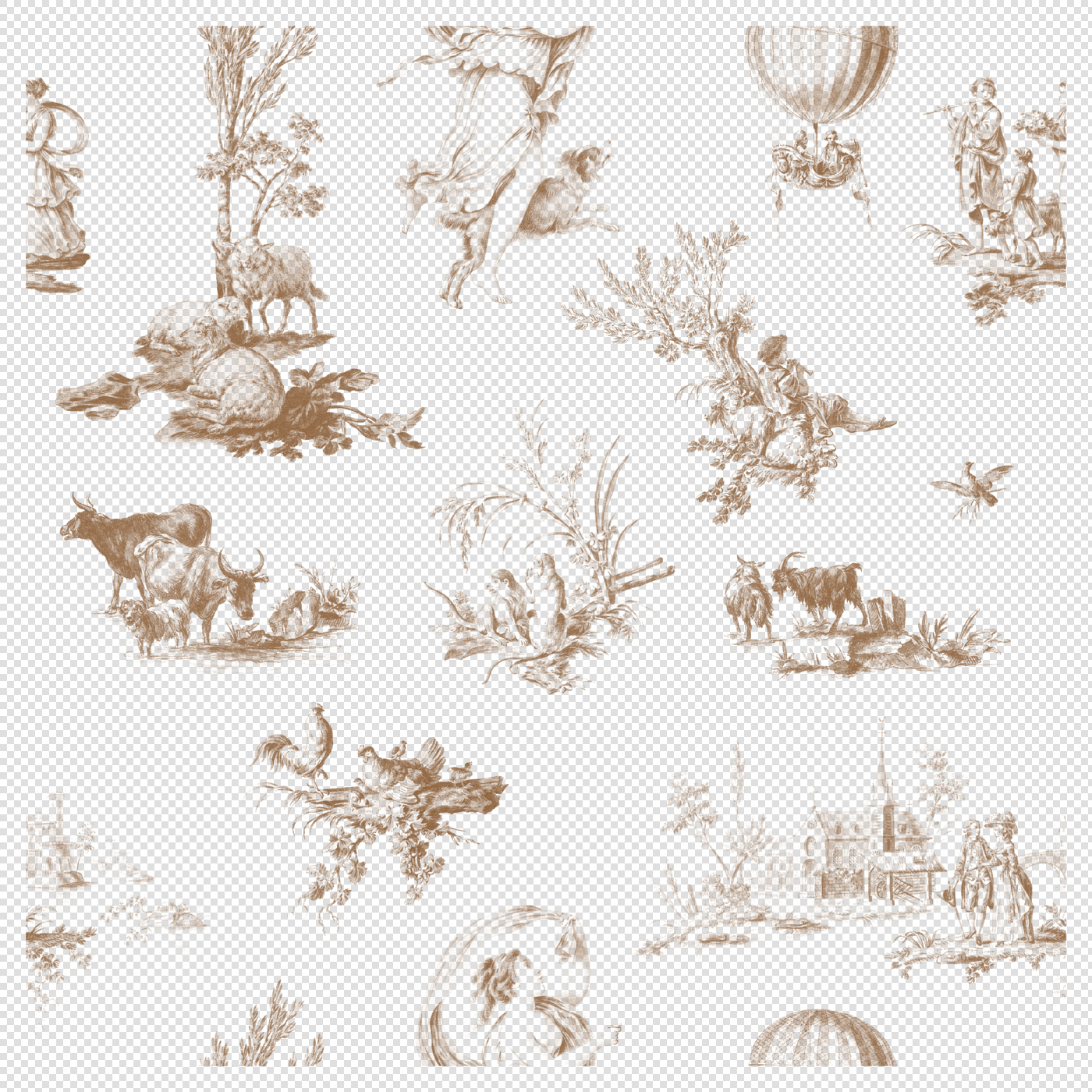 Toile De Jouy Seamless Pattern – Sepia Countryside Vintage Art (Transparent PNG)