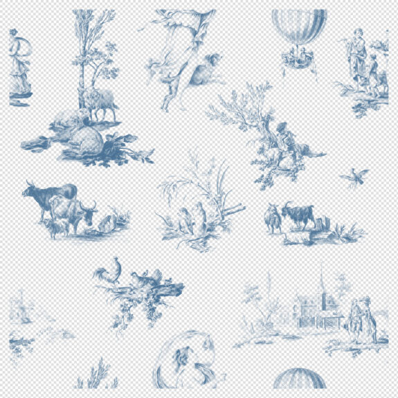Toile De Jouy Seamless Pattern – Blue Variant (Transparent PNG) Pastoral Vintage Elegance"