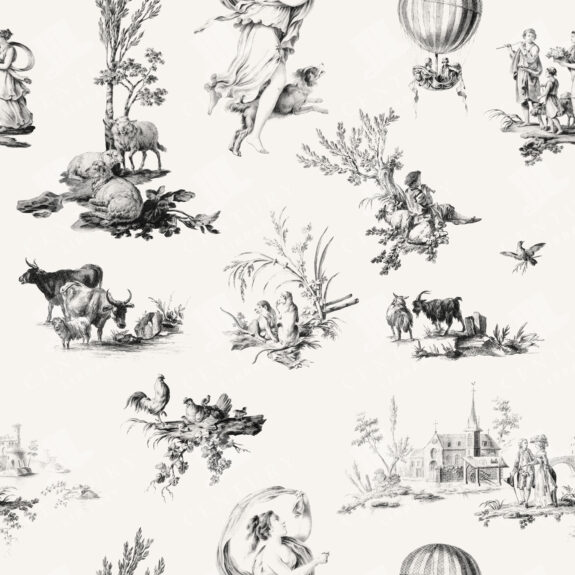 Toile De Jouy Seamless Pattern – Black Variant Pastoral Vintage Countryside Design