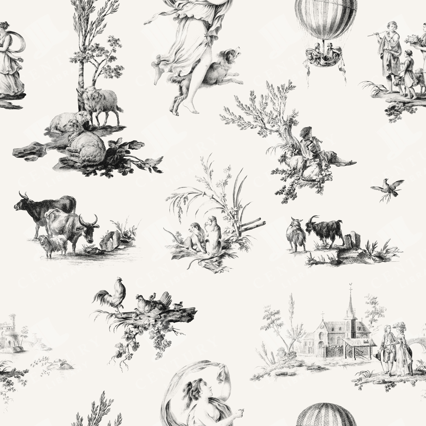 Toile De Jouy Seamless Pattern – Black Variant Pastoral Vintage Countryside Design