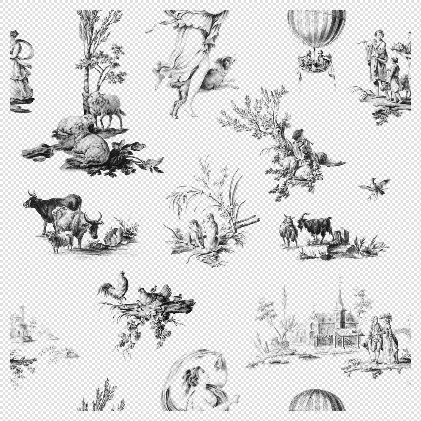 Toile De Jouy Seamless Pattern – Black Variant (transparent Png) Vintage Pastoral Design