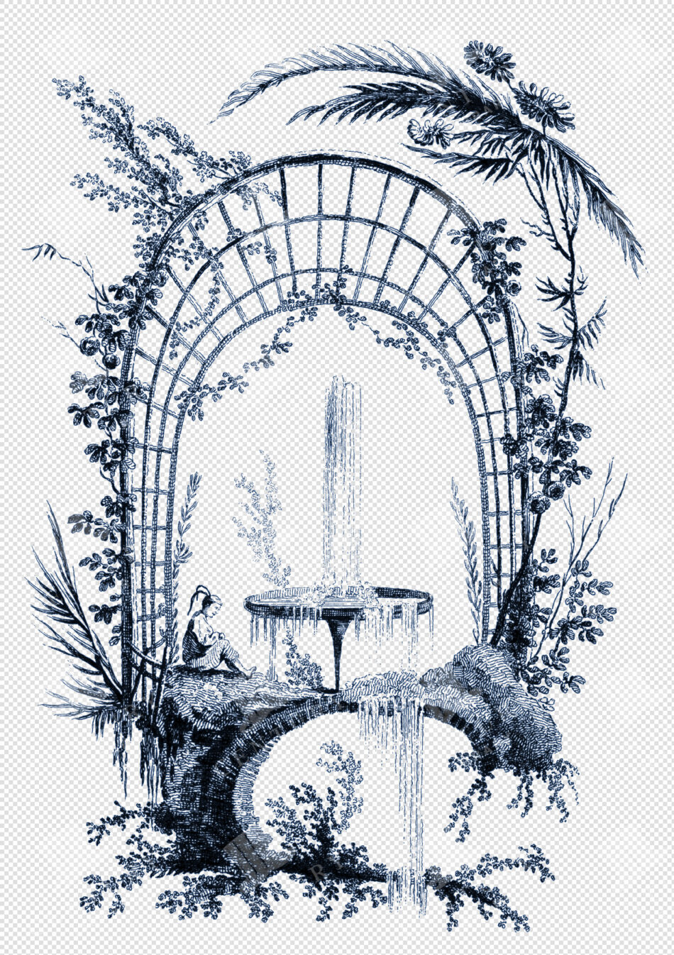 Vintage Chinoiserie Ornamental Fountain Scene – Toile De Jouy Illustration (Transparent PNG)
