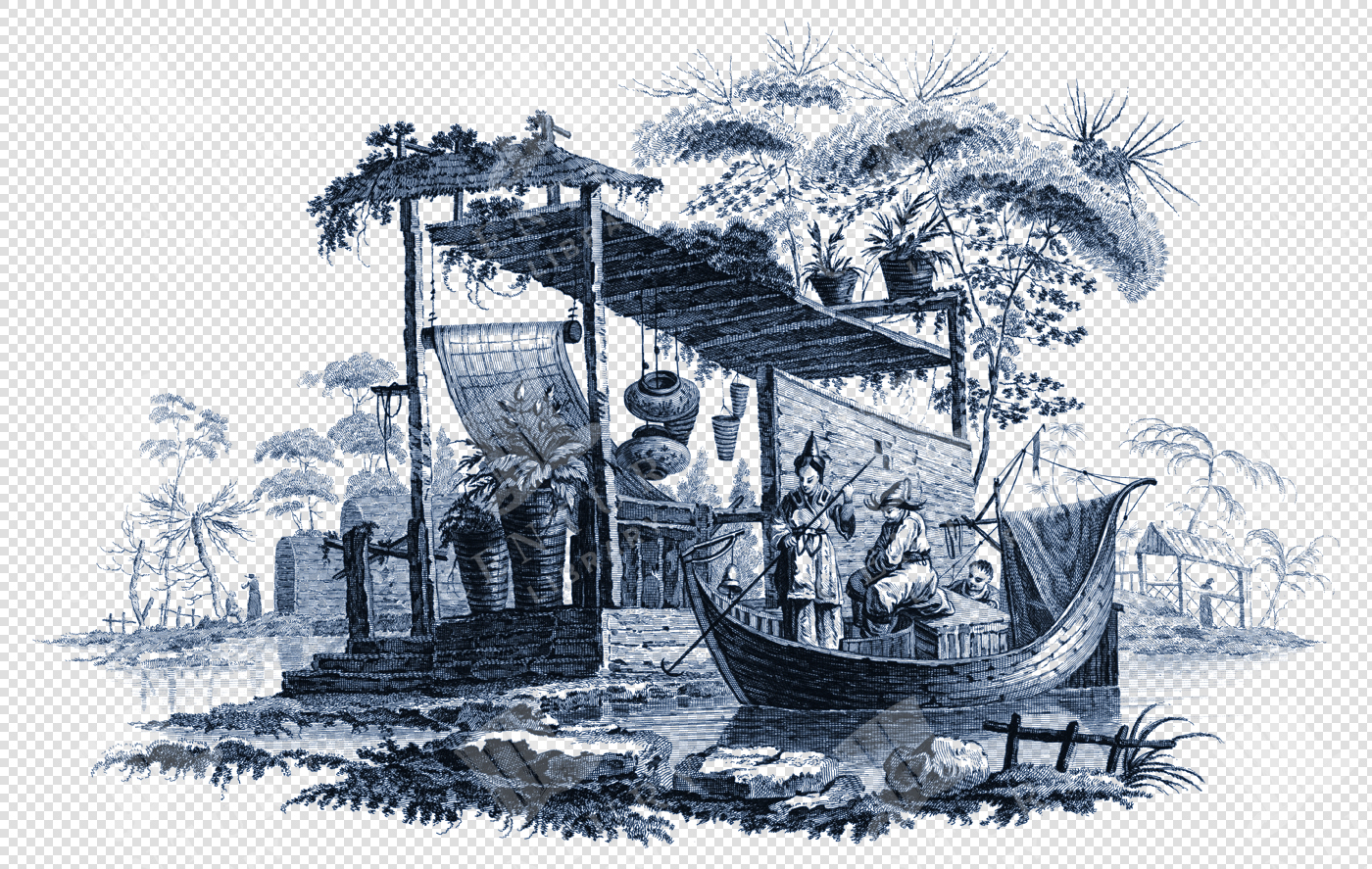 Elegant Chinoiserie Toile De Jouy Illustration – Ornamental Vintage Motifs in Transparent PNG