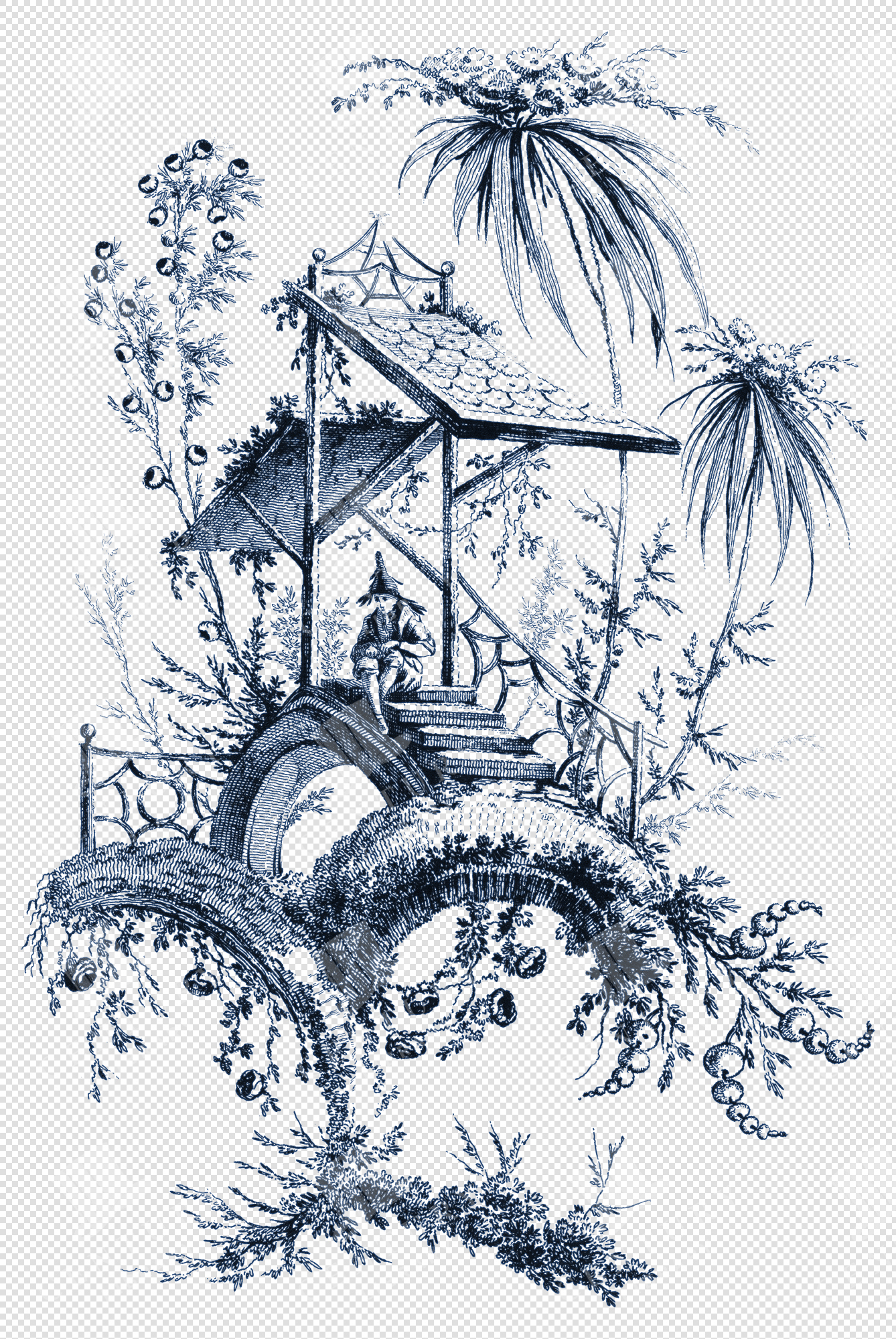 Elegant Chinoiserie Toile De Jouy Illustration – Ornamental Decorative Motifs in Transparent PNG