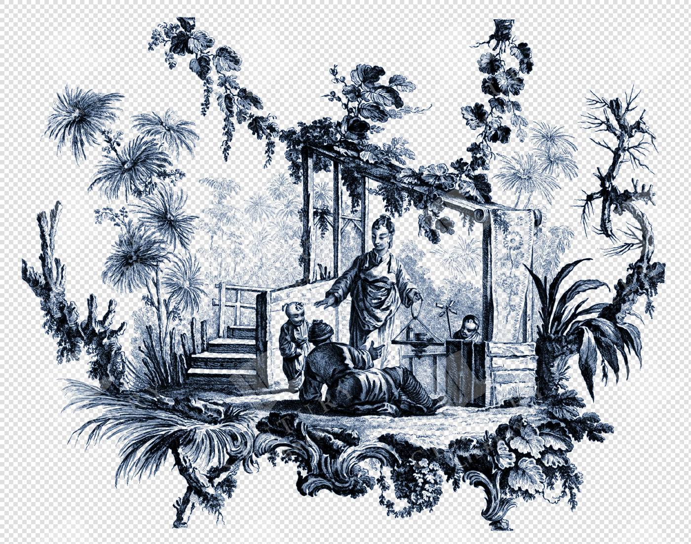 Intricate Chinoiserie Toile De Jouy Lineart with Ornamental Decorative Motifs - Transparent PNG