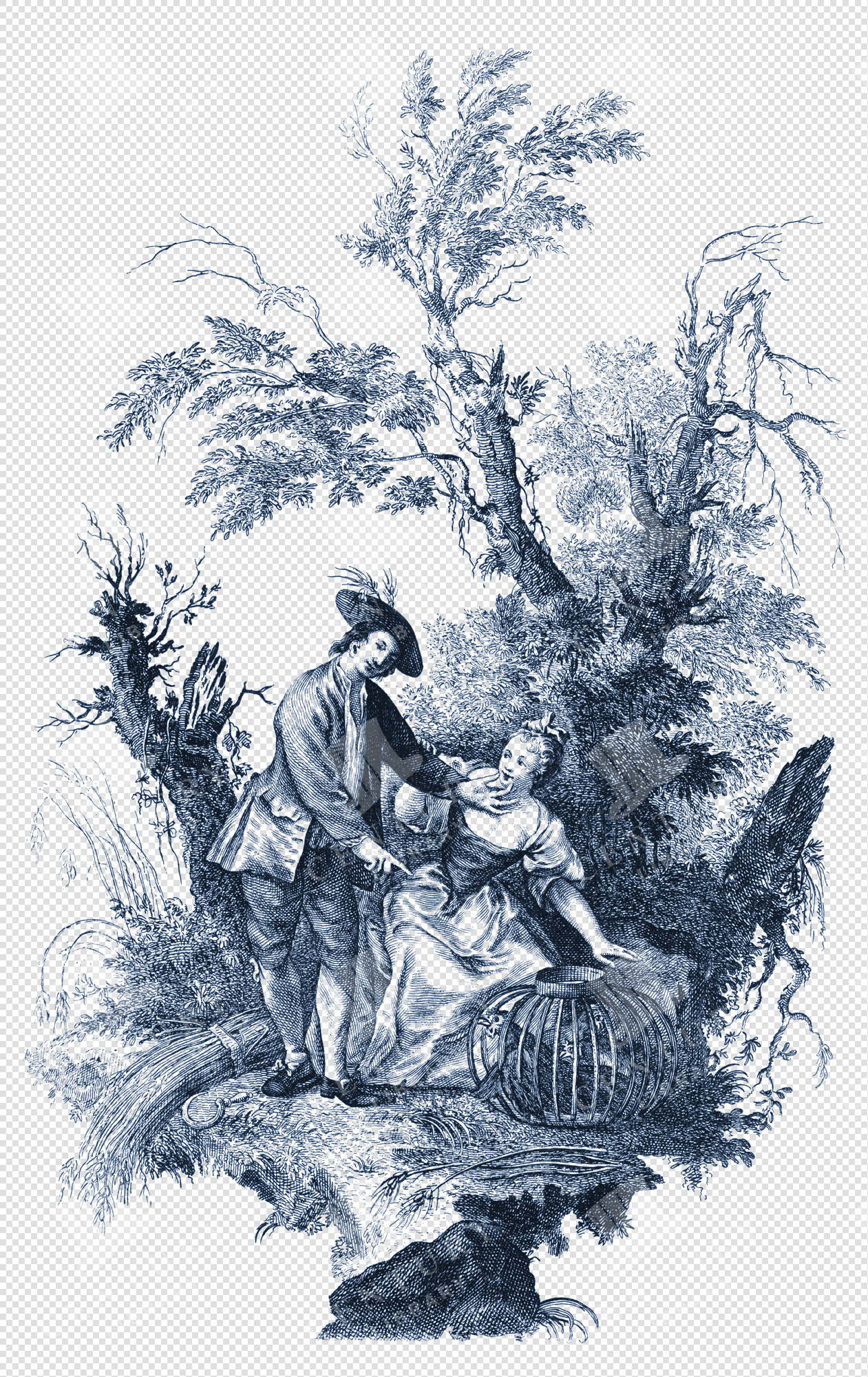 Intricate Toile De Jouy Illustration – Ornamental Line Art Motifs in PNG Format