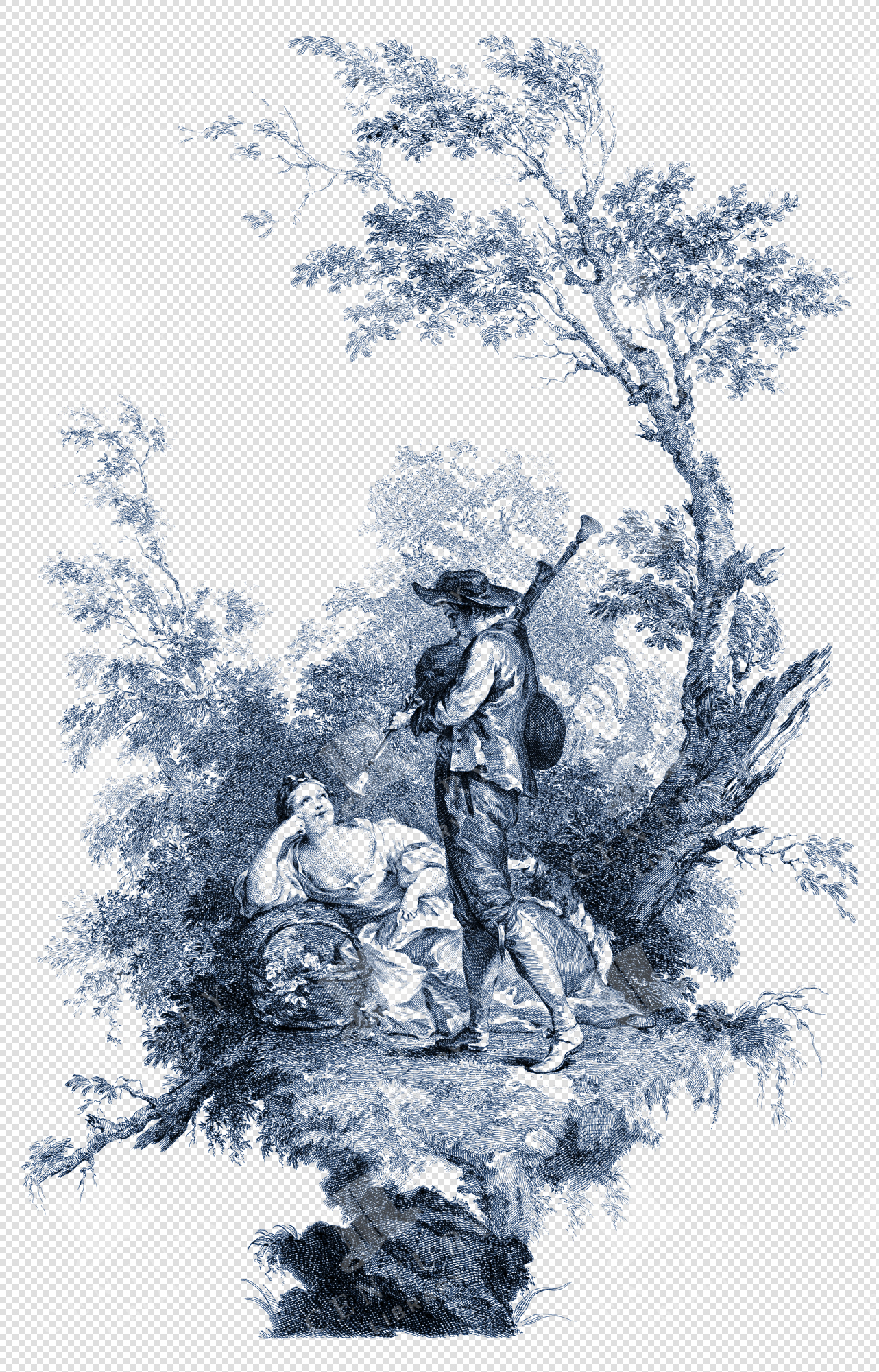 Elegant Toile De Jouy PNG Illustration – Ornamental Line Art with Decorative Motifs