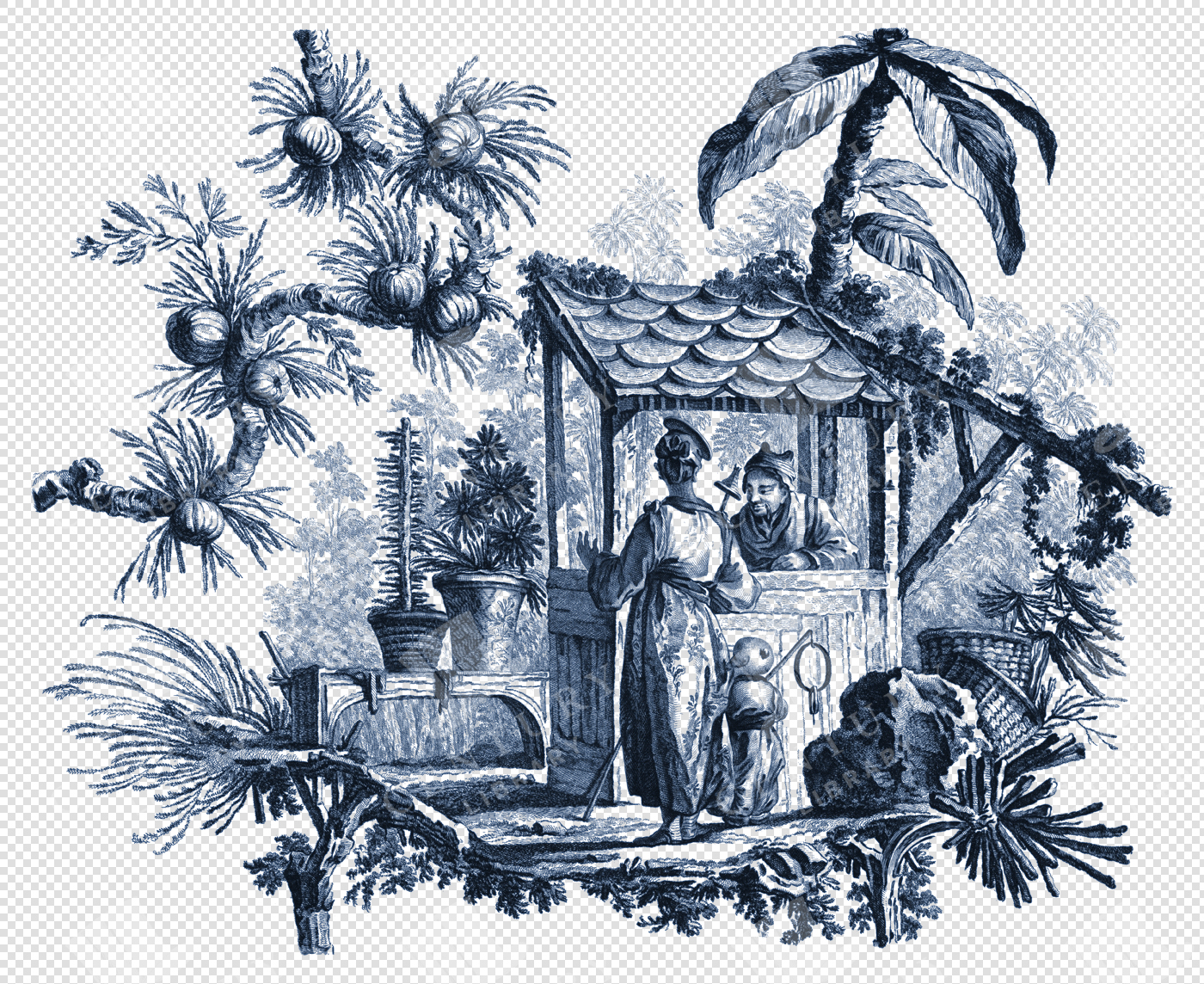 Elegant Chinoiserie-Inspired Toile De Jouy Illustration – Ornamental Line Art PNG