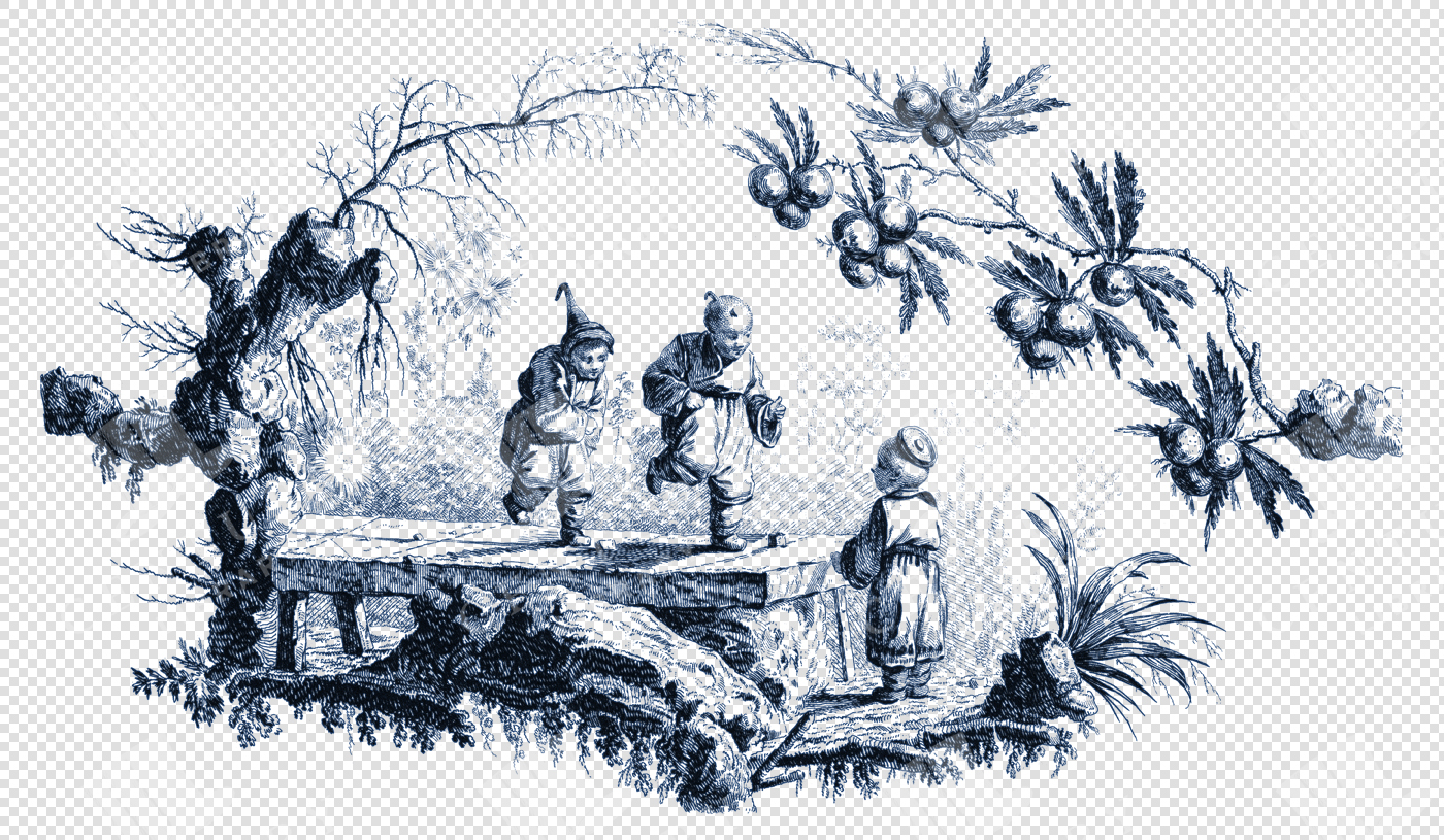 Elegant Chinoiserie Toile De Jouy Line Art – Ornamental Decorative PNG Illustration