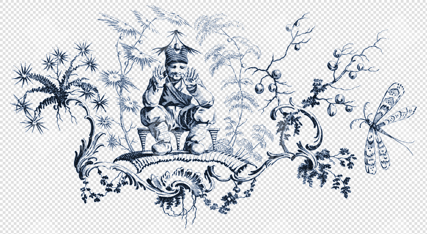 Elegant Chinoiserie Toile De Jouy Line Art – Ornamental Decorative PNG Illustration