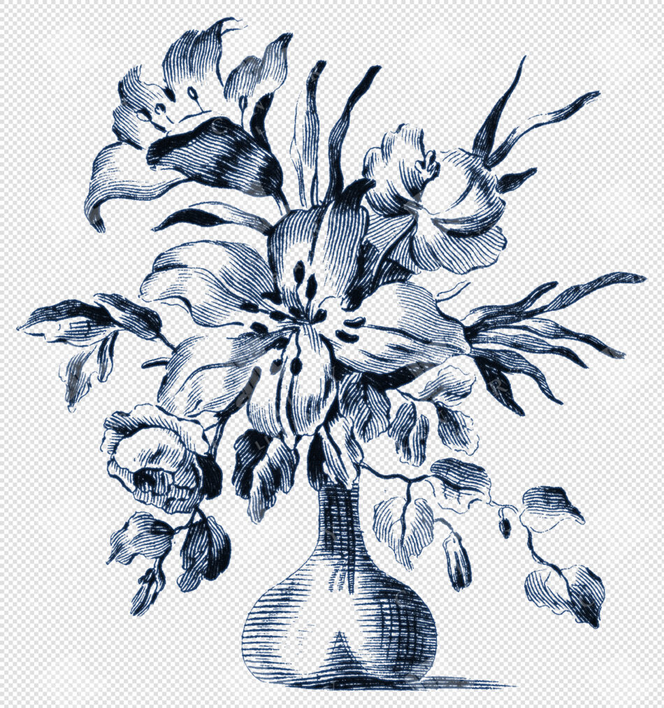 Lily Bouquet In Gourd Vase - Hand-drawn Engraving Style