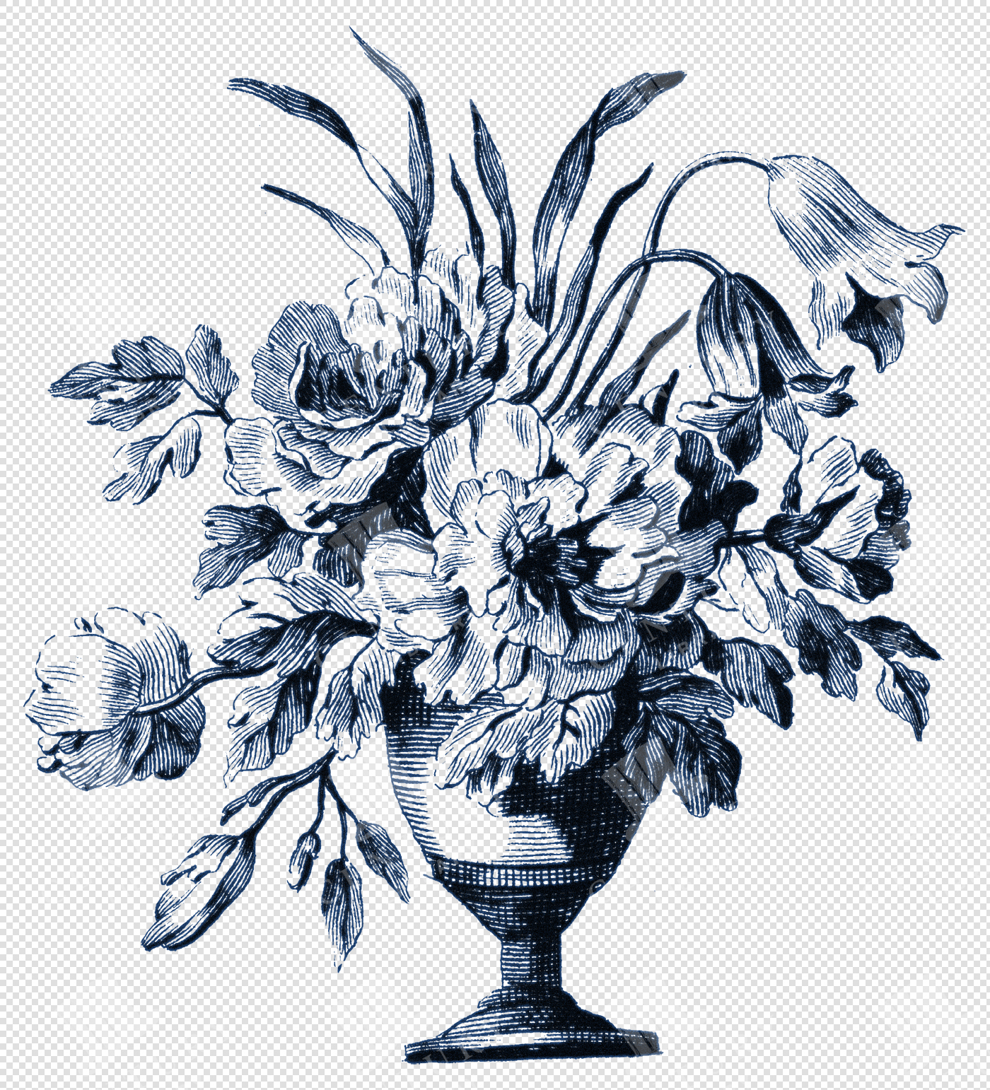 Elegant Floral Toile De Jouy Line Art – Ornamental Chinoiserie PNG Illustration