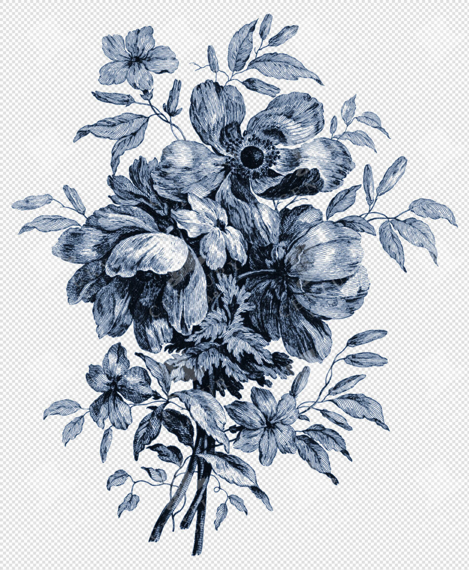 Elegant Floral Toile De Jouy Line Art – Ornamental Chinoiserie PNG Illustration