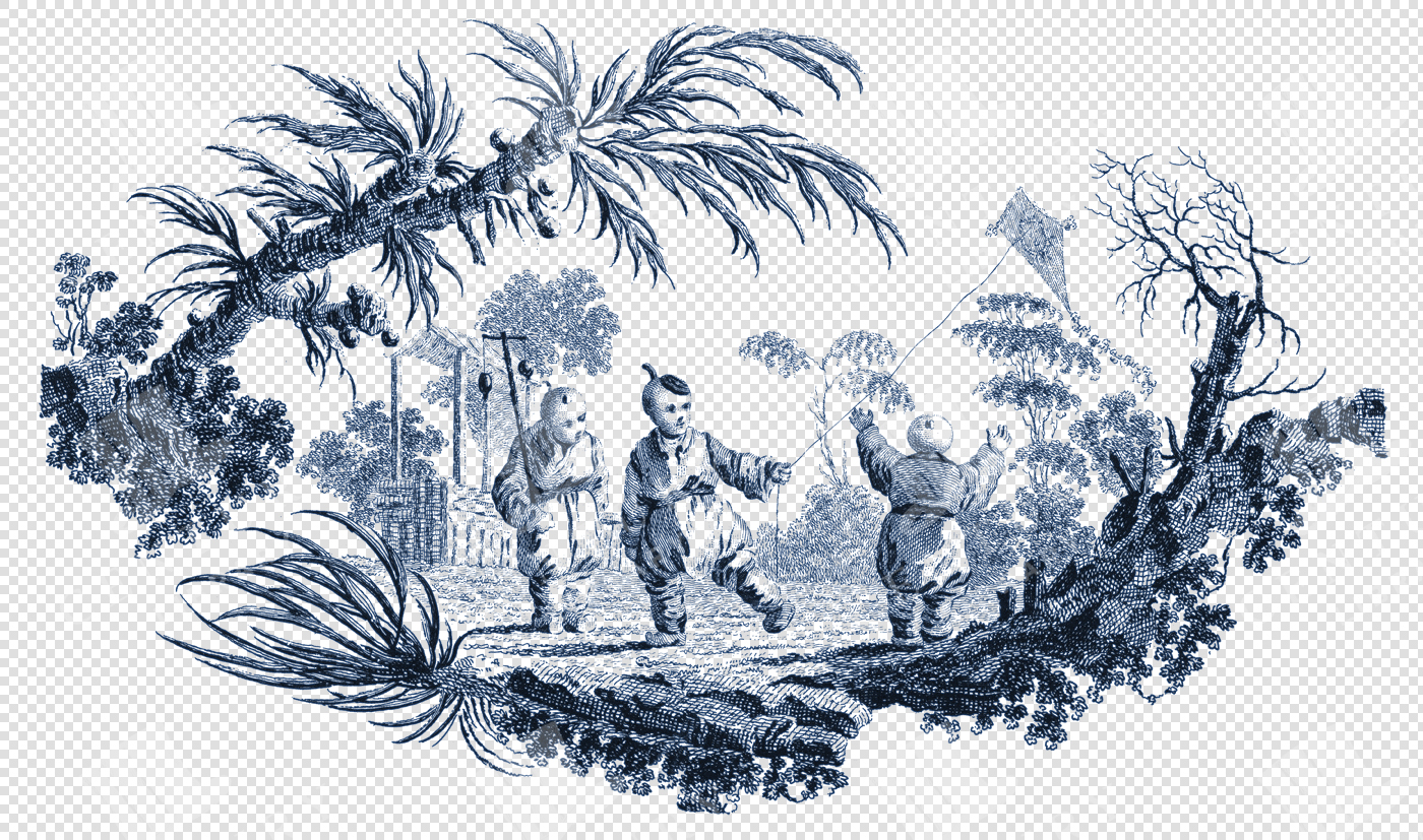 Vintage Chinoiserie Toile De Jouy Line Art – Ornamental Decorative PNG Illustration
