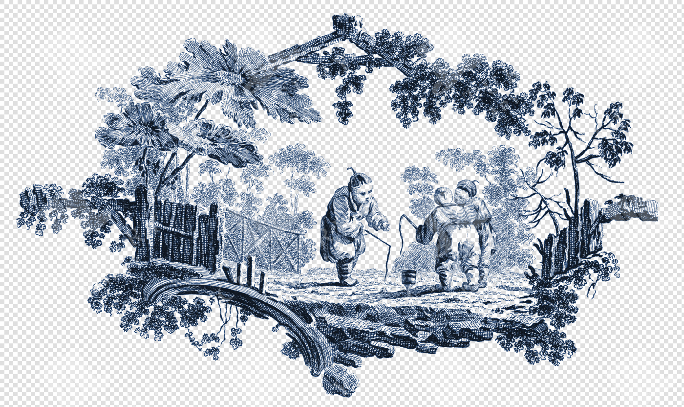 Elegant Chinoiserie Toile De Jouy Line Art – Ornamental Decorative PNG Illustration