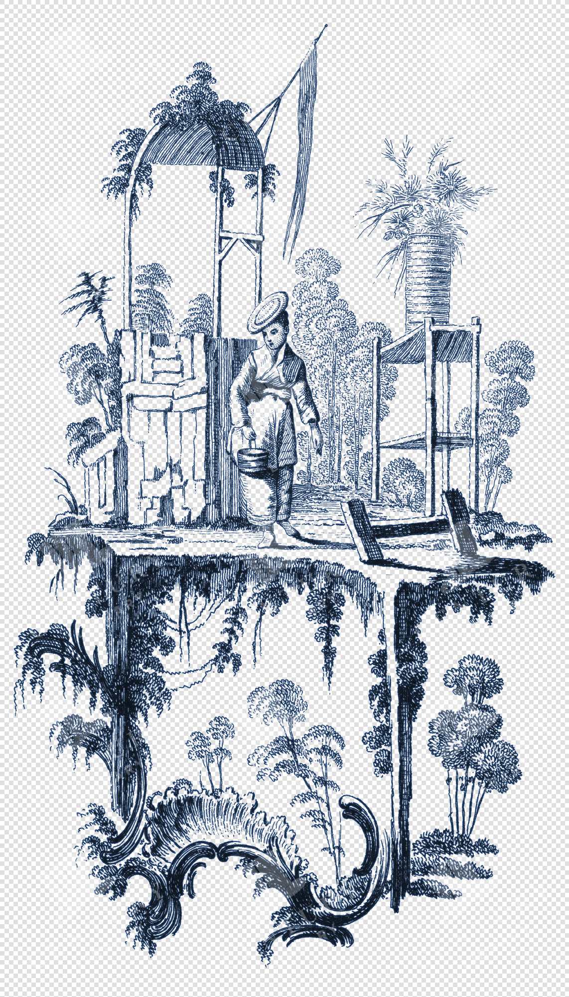 Chinoiserie Toile De Jouy Line Art – Ornamental Decorative Motifs PNG Illustration