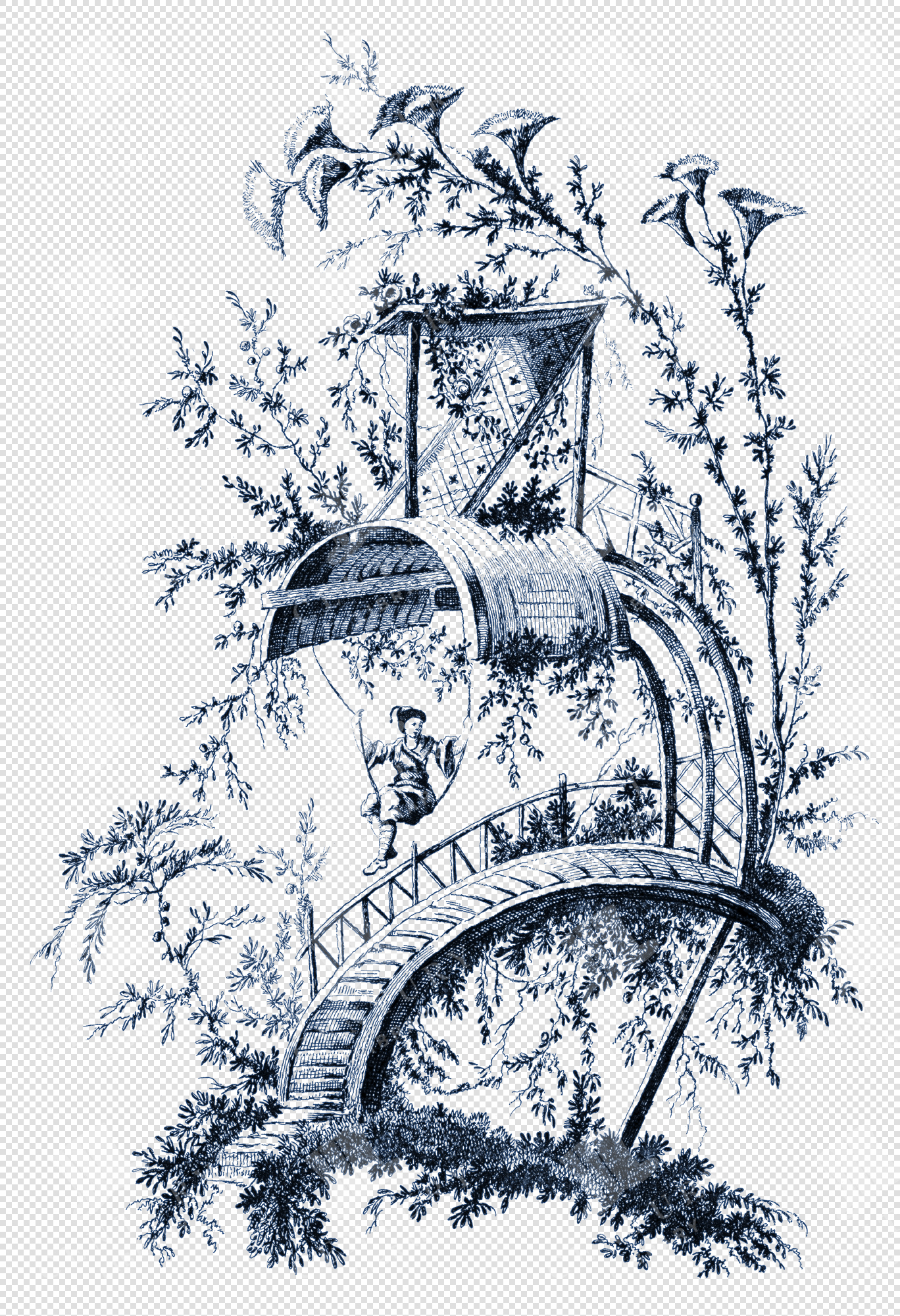 Exquisite Navy Toile De Jouy Oriental Garden Pavilion with Bridge and Swing PNG