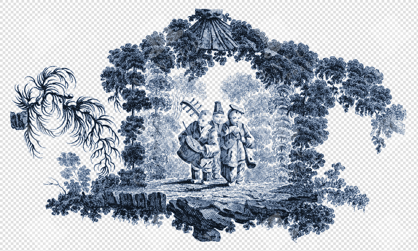 Elegant Navy Toile De Jouy Musicians in Lush Oriental Landscape Chinoiserie Motifs PNG