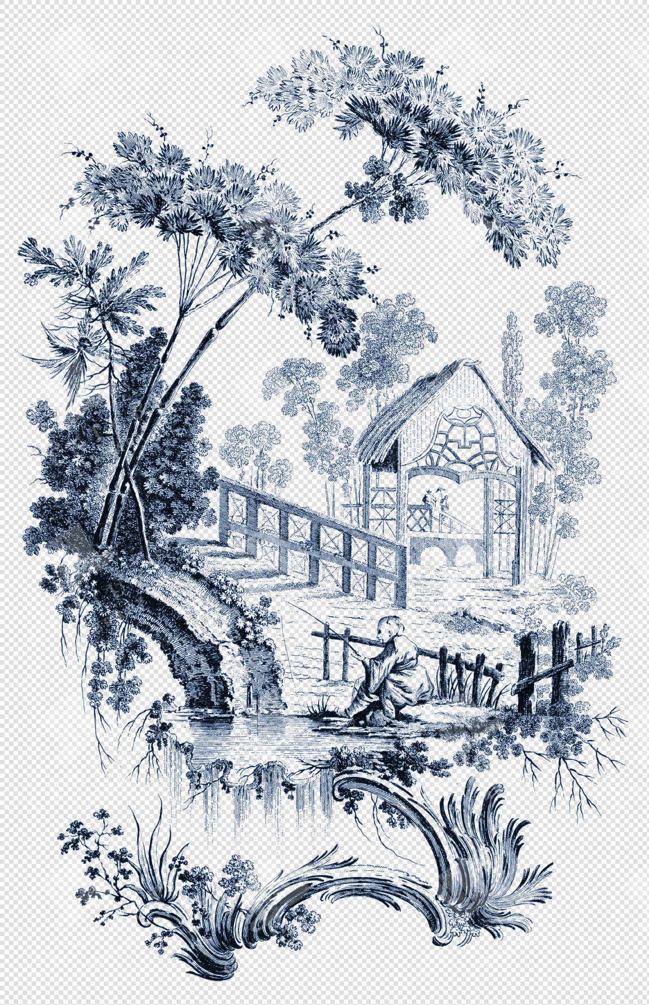 Toile De Jouy Chinoiserie PNG Illustration with Ornamental Decorative Motifs and Line Art