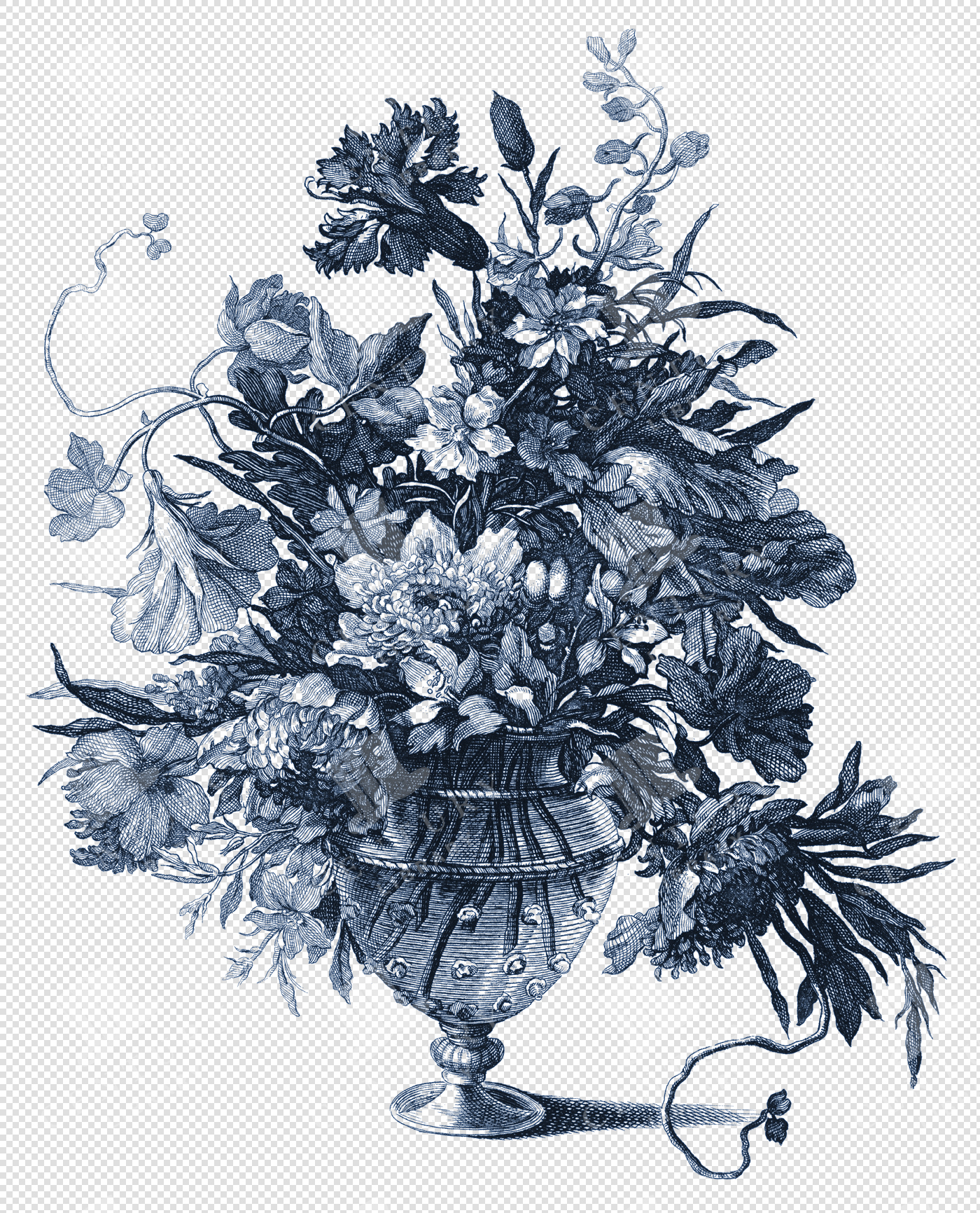 Toile De Jouy Chinoiserie PNG Illustration of Ornamental Floral Bouquet in Decorative Vase
