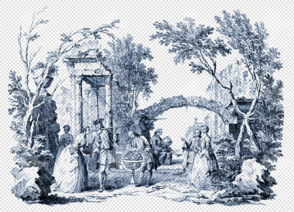 Toile De Jouy Chinoiserie Png Illustration With Ornamental Ruins, Astronomical Instruments, And Aristocrats