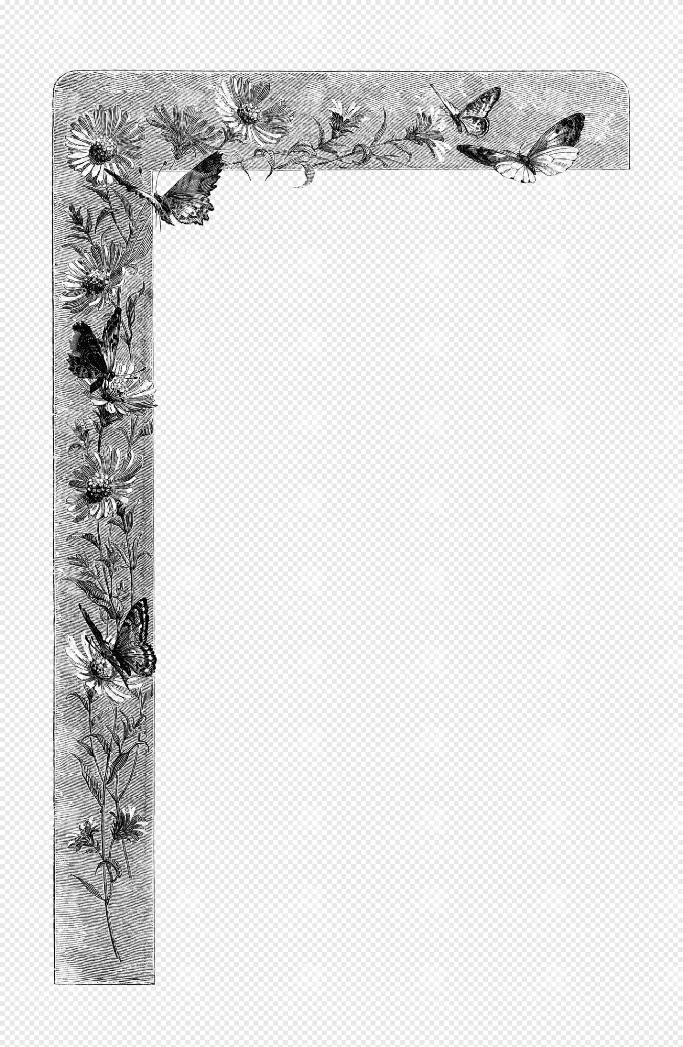 Engraved Floral and Butterfly Corner Border with Wildflowers for Decorative Frames