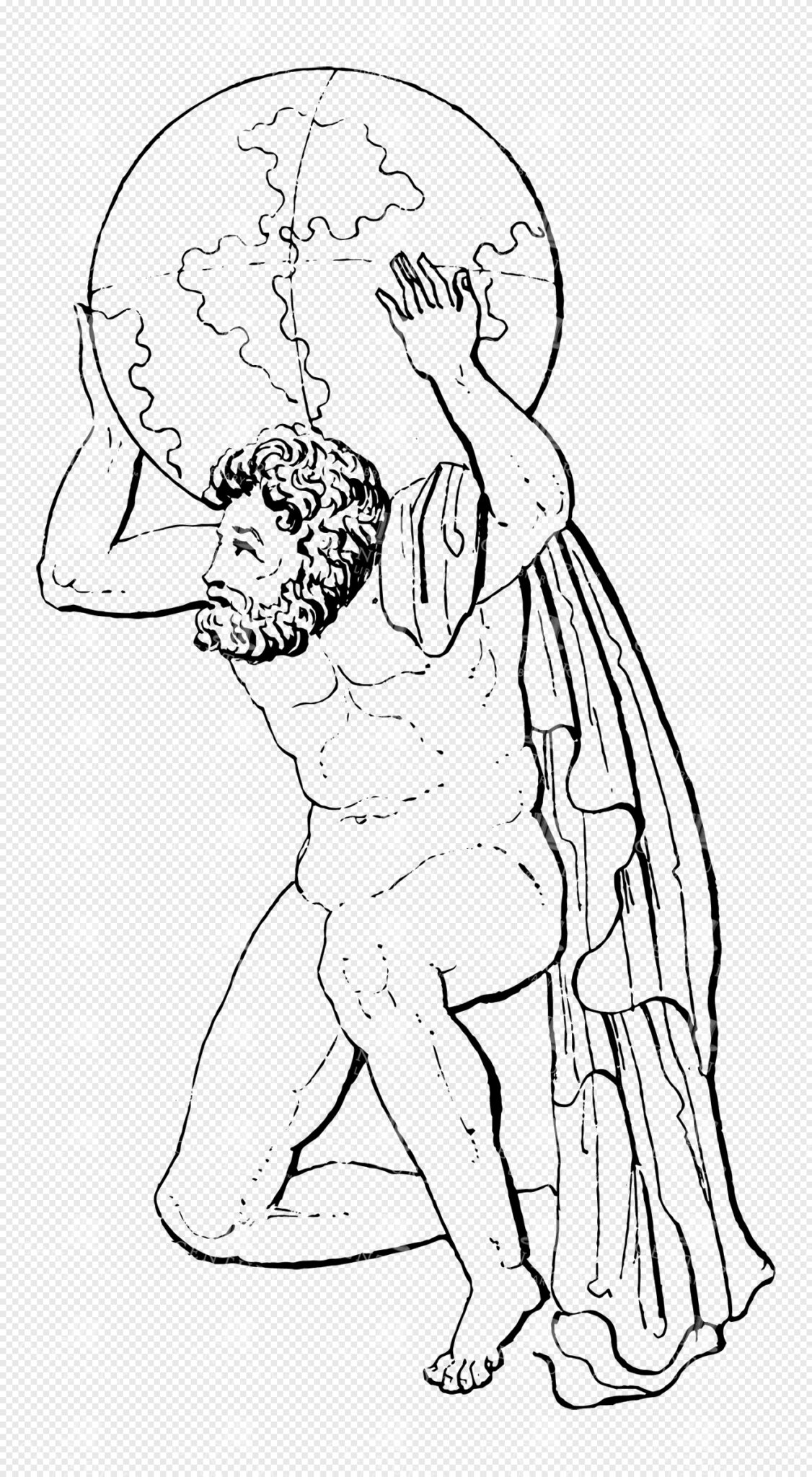 Greek Mythology Lineart Illustration Featuring Atlas Carrying the Celestial Sphere with Determination
