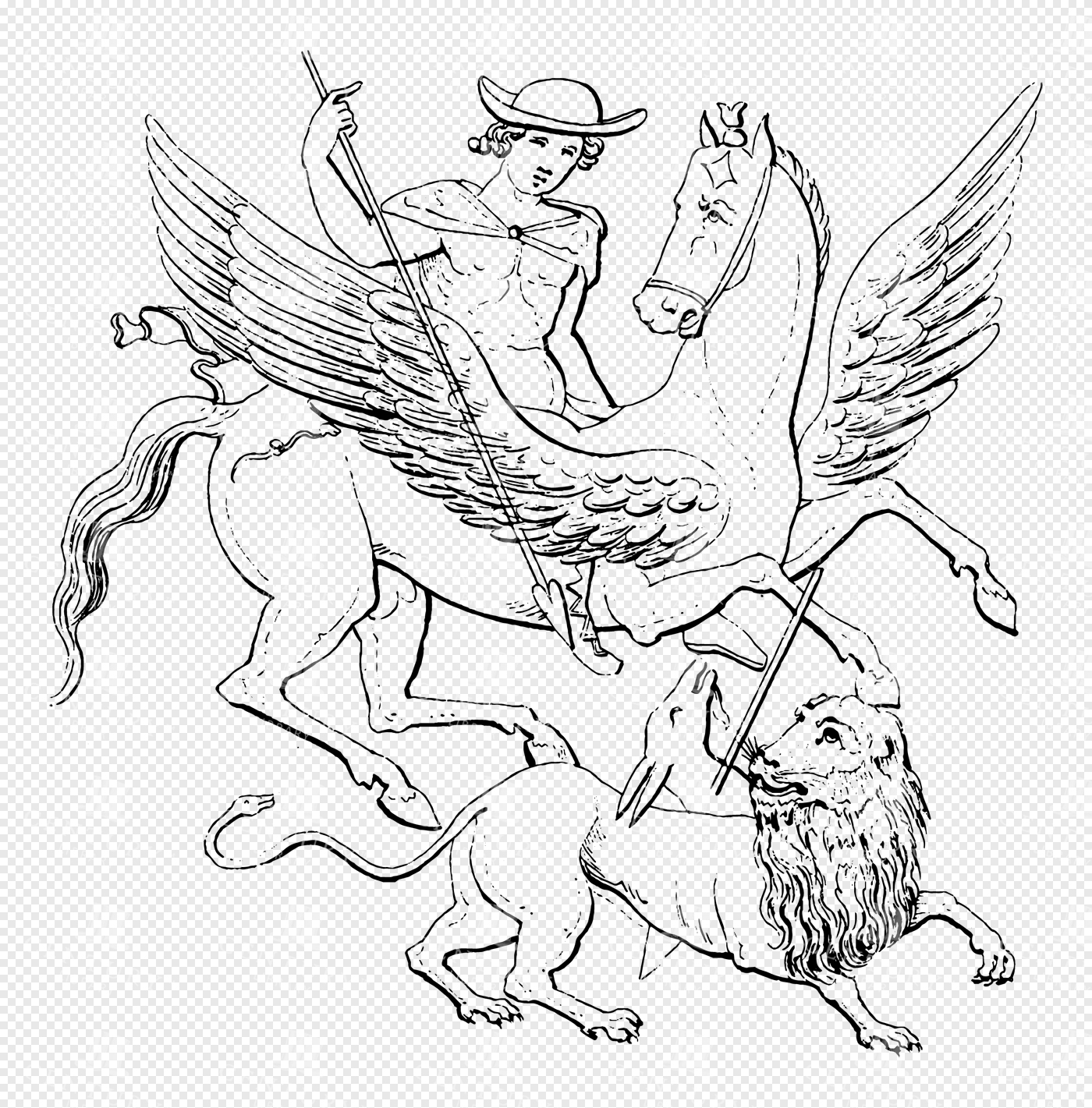 Greek Mythology Lineart Illustration Depicting Perseus Riding Pegasus Battling the Nemean Lion