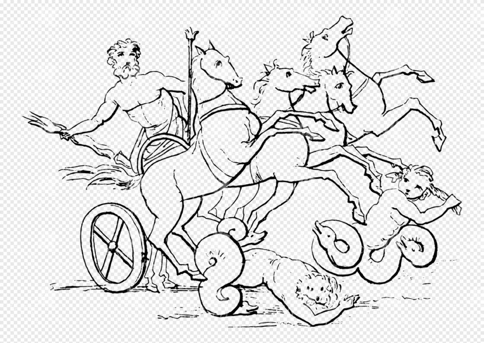 Greek Mythology Lineart Illustration of Poseidon Riding a Four-Horse Chariot Battling Sea Serpents