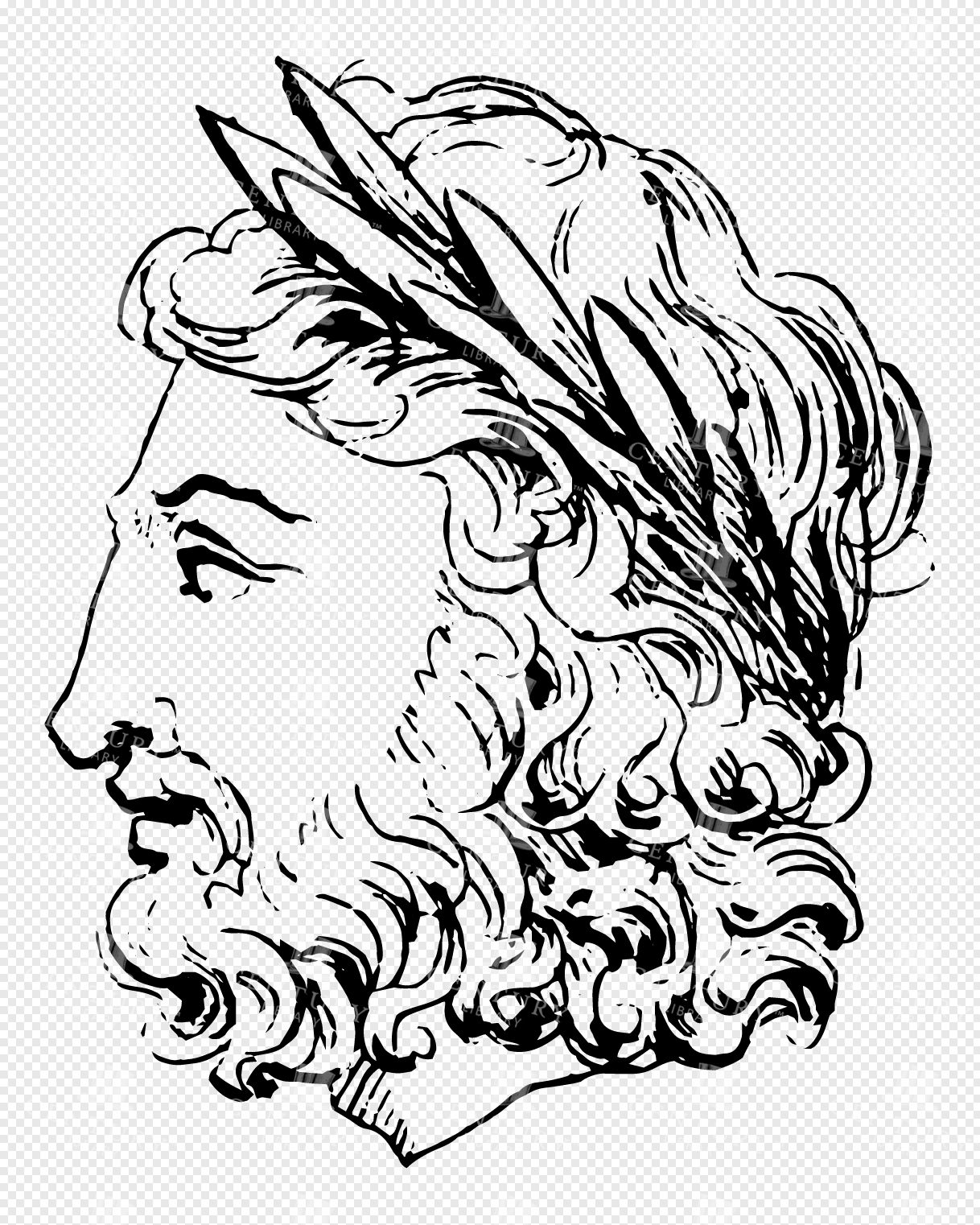 Greek Mythology Lineart of Bearded Male Deity with Laurel Crown in Profile View
