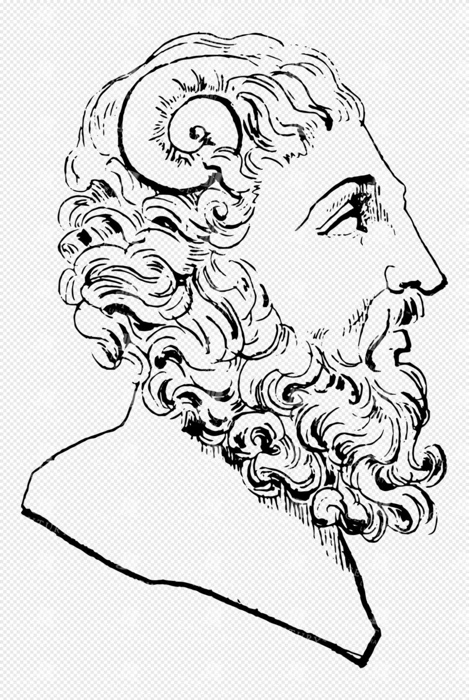 Greek Mythology Lineart of Bearded Male Figure with Curled Ram’s Horns in Profile