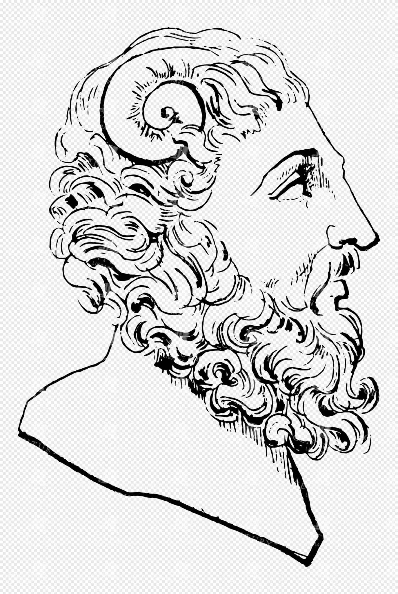 Greek Mythology Lineart of Bearded Male Figure with Curled Ram’s Horns in Profile