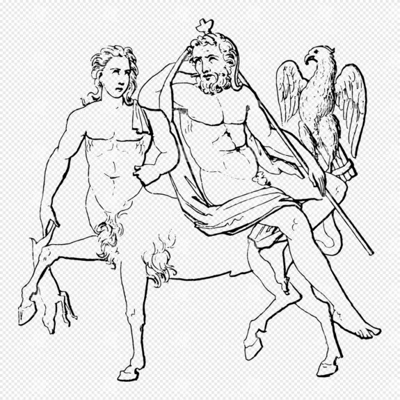 Mythological Depiction of Zeus with Eagle and Centaur Companion in Classical Lineart
