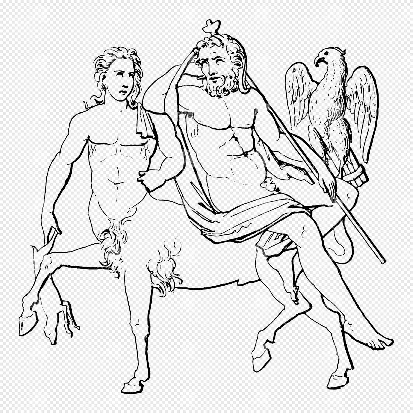 Mythological Depiction of Zeus with Eagle and Centaur Companion in Classical Lineart