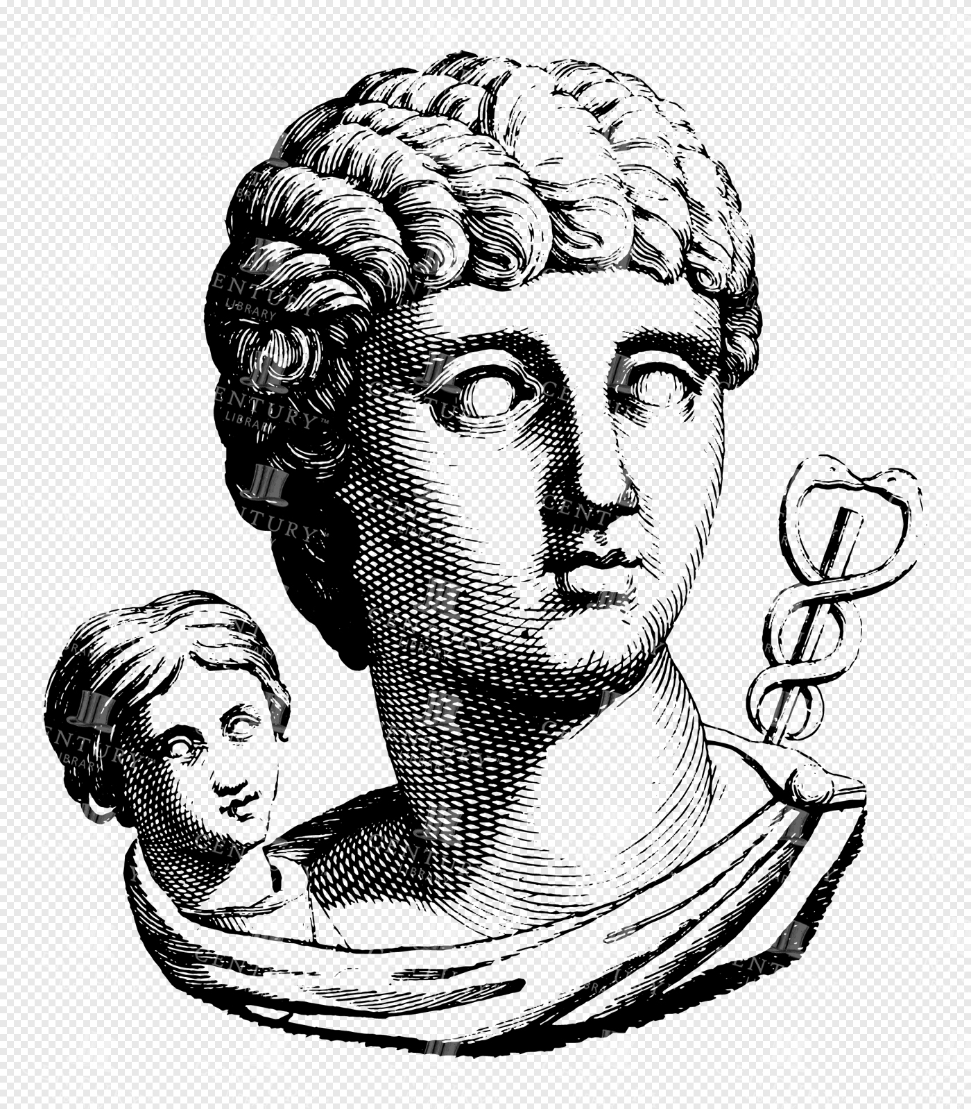Bust of Roman God Mercury with Caduceus Staff and Child Figure in Detailed Line Art
