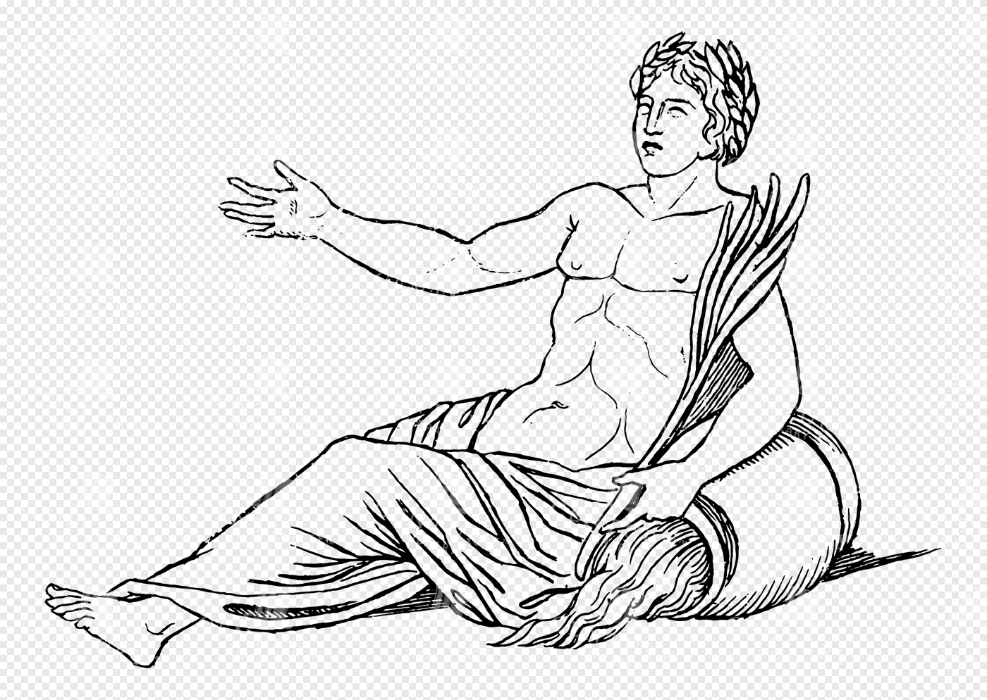 Apollo Reclining in Classical Greek Lineart with Laurel Wreath and Flowing Drapery