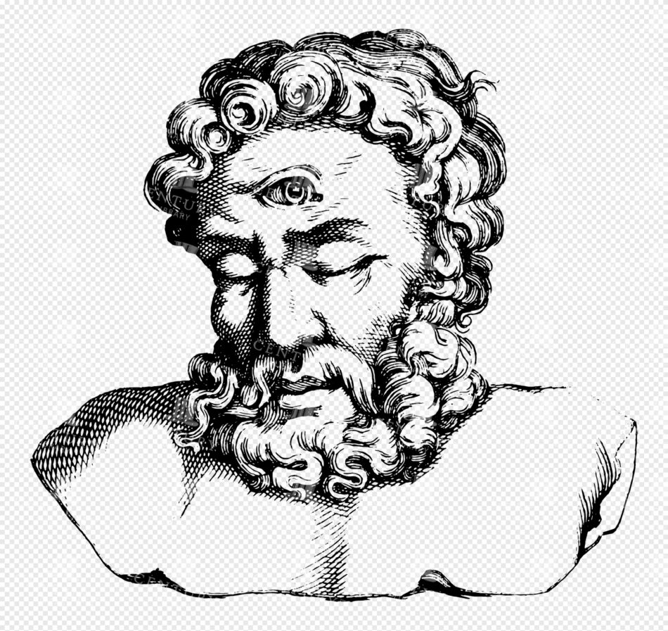 Mythological Cyclops Polyphemus with Serene Expression and Flowing Curly Beard in Classical Greek Line Art