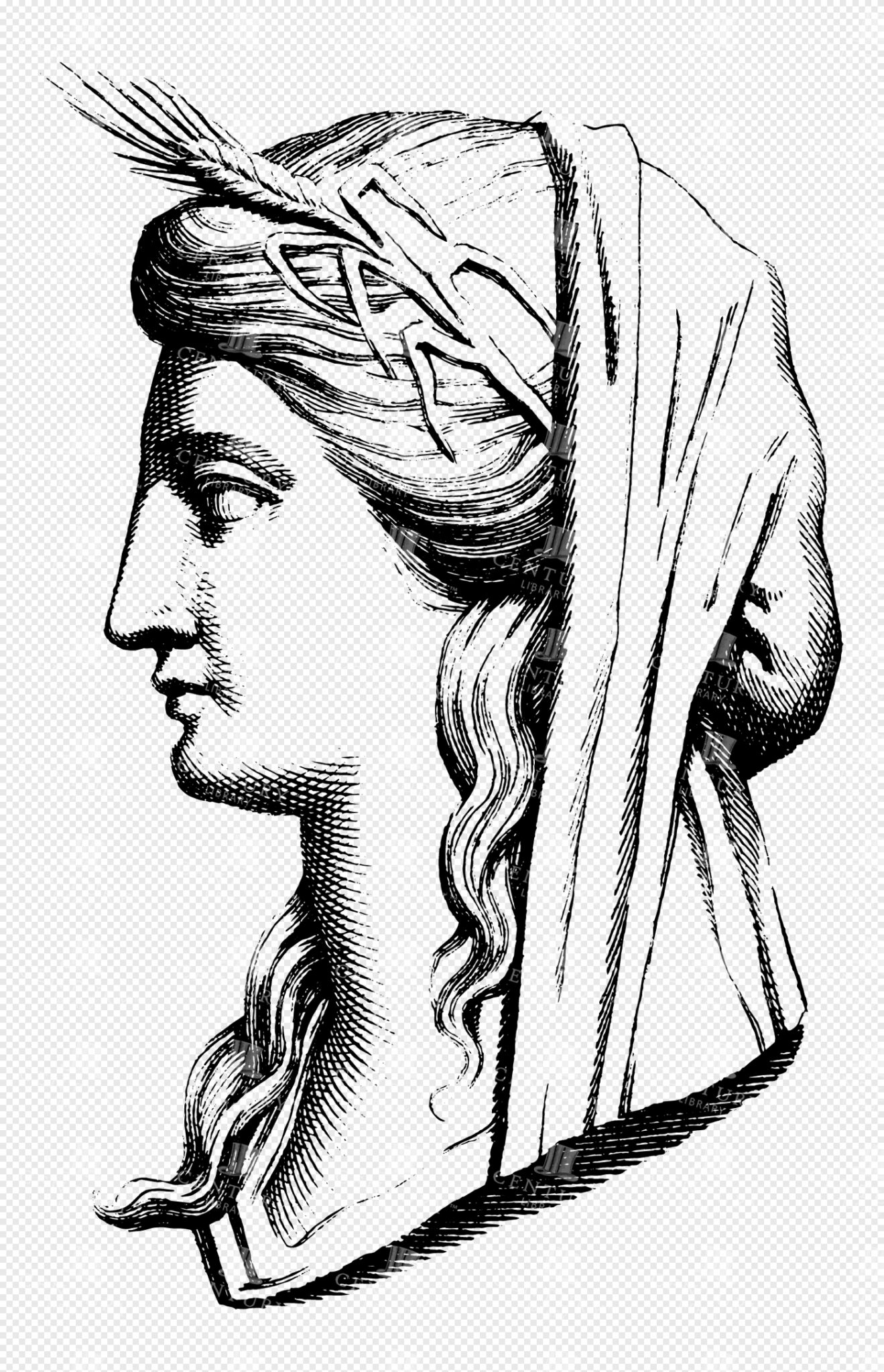 Greek Goddess Demeter in Profile with Wheat Crown and Flowing Curled Hair in Classical Line Art